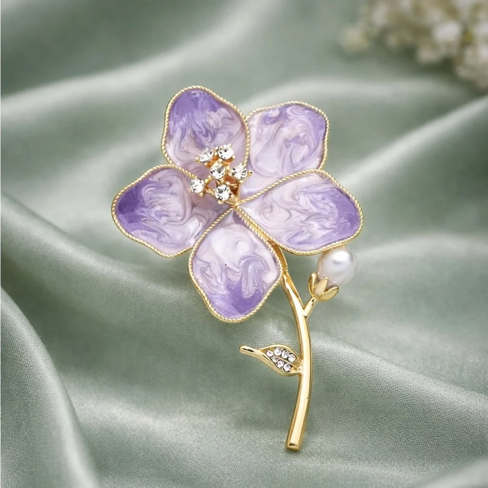 Lavender Crystal Flower Brooch – Purple Enamel Floral Rhinestone Pin